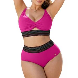 NWT Popilush Purple High Waisted Bikini Set Tummy Control Pink M